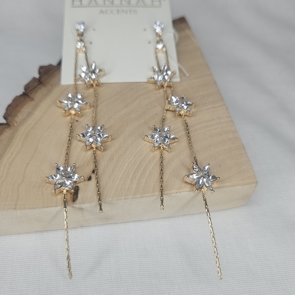Hannah Accents Gold Tone Long Dangle Rhinestone Stars 4" NWT Celestial Earrings - Picture 2 of 6